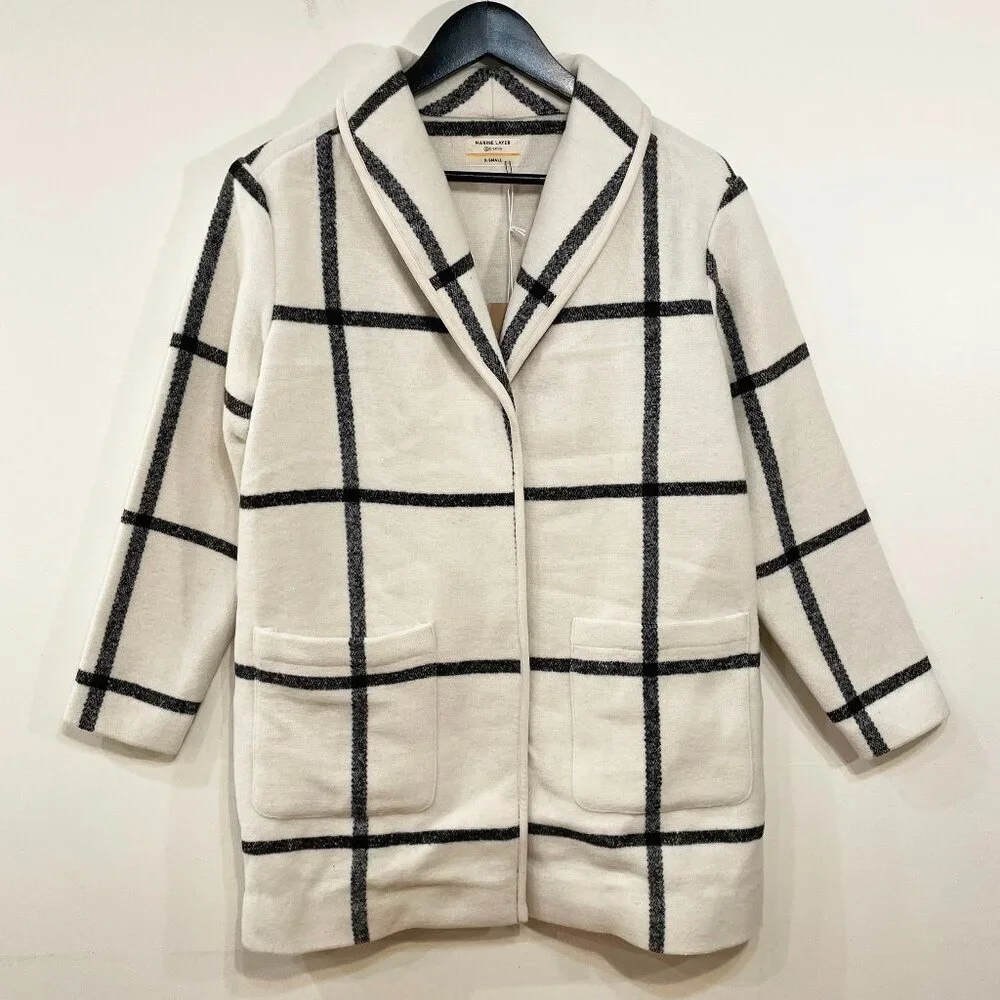 New Marine Layer Liverpool Windowpane Coatigan Ivory Black XS $168